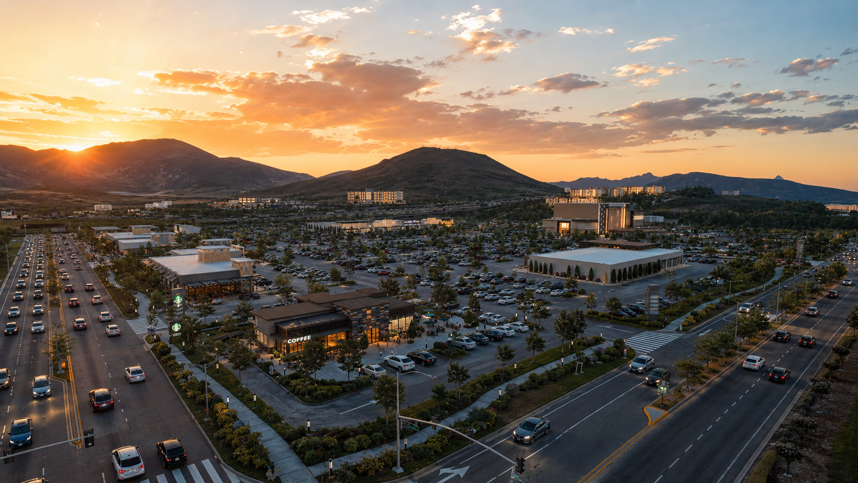 Aerial visualization of a retail and mixed-use center at sunset